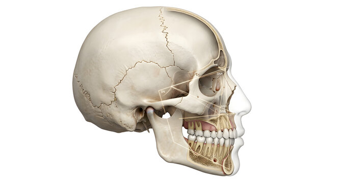 3D Render of a Skeletal Class I Facial Profile with Cephalometric Tracing Analysis, Suitable for Science Education, Isolated on a White Background