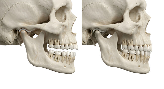 Human Skull Anatomy Showing Centric Relation vs Centric Occlusion, suitable for science education, isolated on a white background.
