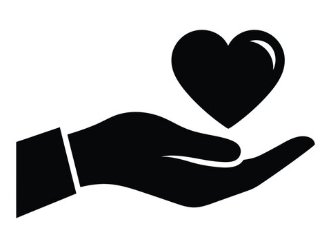 Black silhouette of a hand holding a heart icon