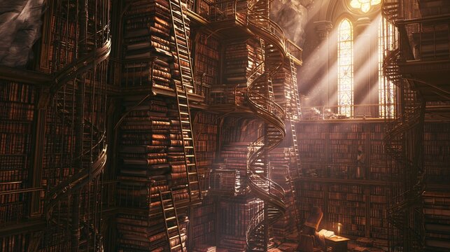 Mysterious figure in a hooded robe studying at a desk in a vast, ancient library filled with stacks of books.
