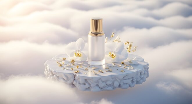 Frosted glass cosmetic bottle on marble podium floating in the clouds