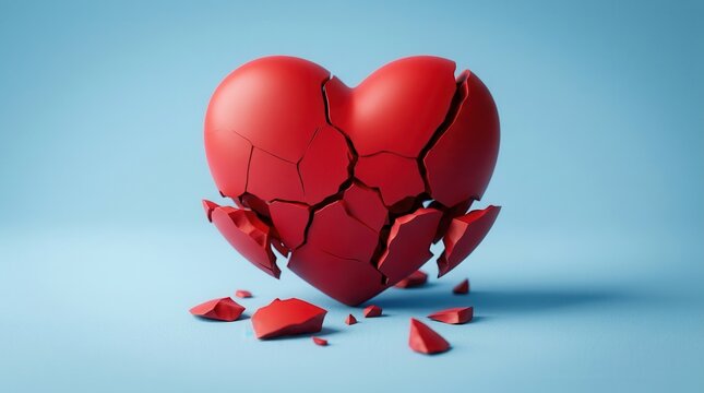 A broken red heart shattered on a blue background representing lost love.