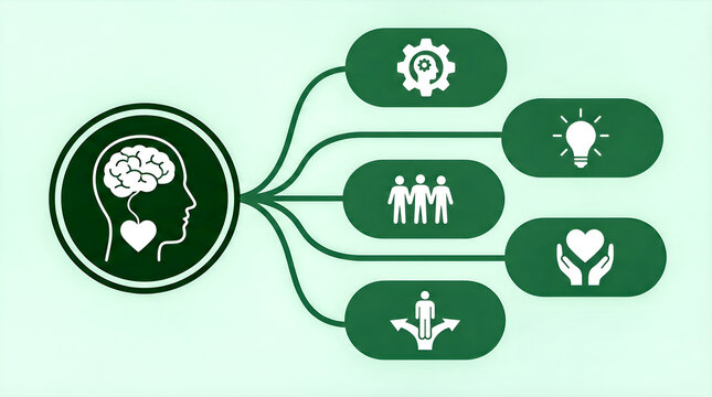 Mental wellbeing infographic showing connections between cognition, emotions, decisions, relationships, creativity and growth
