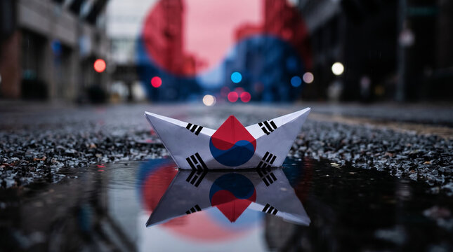Paper boat with South Korea flag floating in wet city puddle