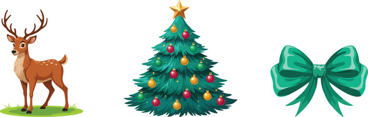 Fototapeta premium Christmas holiday elements deer christmas tree and green bow isolated on white background