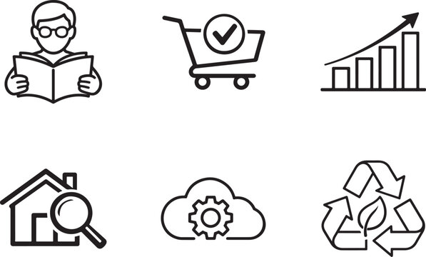 Person with glasses reading book icon set. Education, studying, learning and library vector graphics.