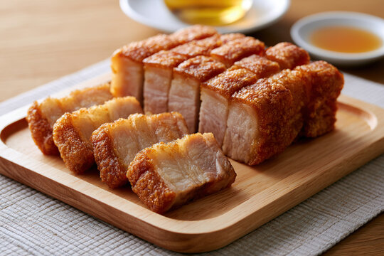 Fried pork crackling named Brazilian Torresmo on the table