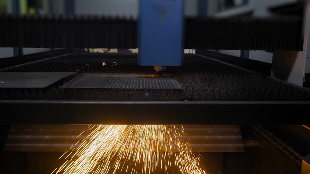 Automatic cnc laser cutting machine is operating on sheet metal with many sparks at factory, plant. Industrial, metalworking, technology, manufacturing, and equipment concept