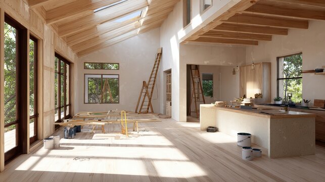 Stunning photo of Modern home interior under construction with large windows and wooden beams