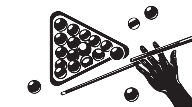 Billiard pool table break with cue stick and hand, black and white snooker balls in triangle rack vector, professional sports equipment illustration