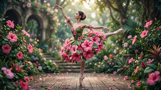 Ballerina dancing in garden with pink roses and arches in soft natural light