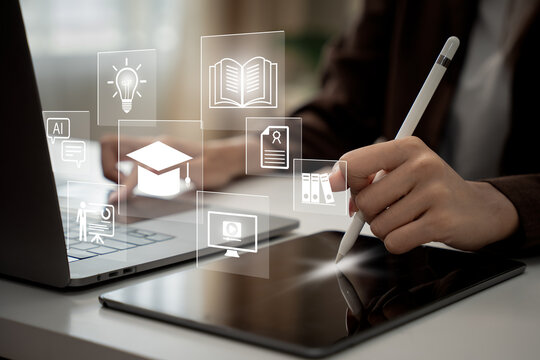 Concept of Online education. man use Online education training and e-learning webinar on internet for personal development and professional qualifications. Digital courses to develop new skills.