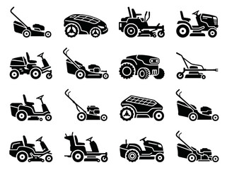 Fototapeta premium Set of Various Lawn Mower Machinery Vector Icons for CAD Engineering and Landscape Design Projects