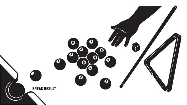 Billiard break result vector illustration, pool table balls with cue and rack, black and white sports graphic for tournament posters