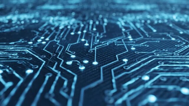 Abstract blue circuit board with glowing lines and data flow