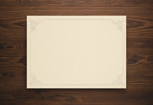 Blank certificate template on dark wooden background with elegant lace border