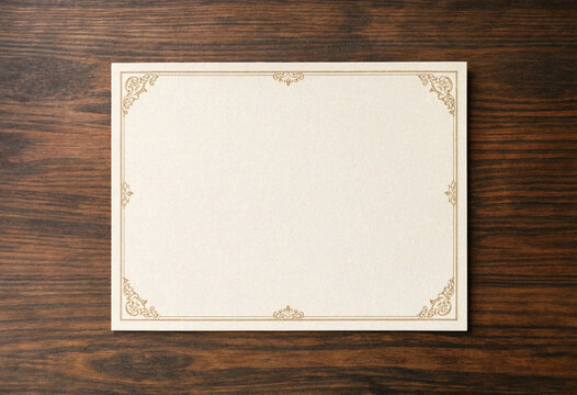 Blank certificate template with ornate gold border on wooden background