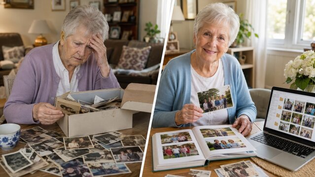 Faded photo box and organized family memory albums