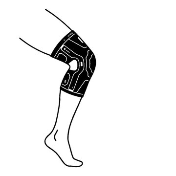 Black and white vector illustration of a human leg wearing a protective knee brace support sleeve for sports injury recovery and joint stability
