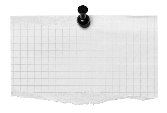 Isolated torn ripped checkered graph recycled rough paper memo note with pin or thumbtack with squares or grid pattern, rough fiber texture transparent png background design element
