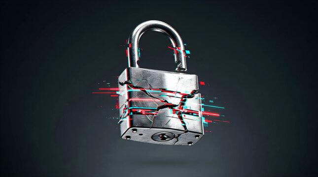 Broken metal padlock with digital glitch effect on dark grey background