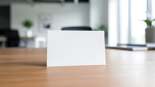 A white blank card standing on a wooden desk in an office layout