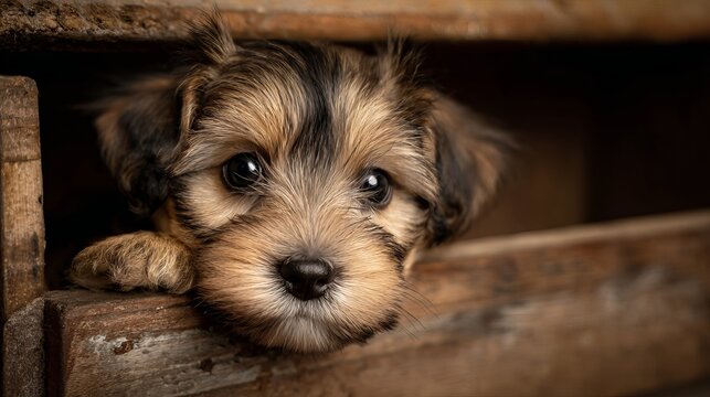 Adorable small fluffy puppy with big brown eyes looking through a rustic wooden crate in soft natural portrait studio lighting