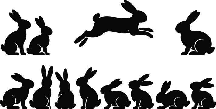 Collection of Black Rabbit Silhouettes in Various Poses on White Background Keywords: rabbit, bunny, silhouette, black, white background, animal, hare, jumping