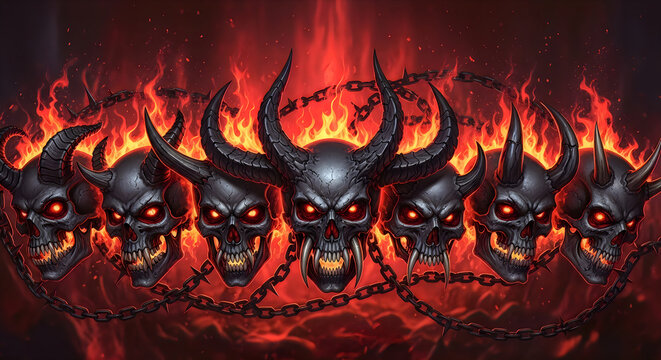 Dark fantasy devil skulls, fiery hellish heads, chained evil demons, horror icons 4K, ultra-detailed, hyper-realistic, 8k