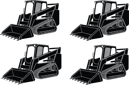 Four black and white silhouette illustrations of a compact track loader with a front bucket skid steer loader