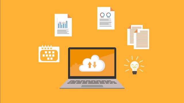 Animated 2D illustration of a laptop with digital documents representing document workflow, office productivity, and modern business processes.