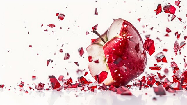Red apple shatters into many pieces, scattering bits across a plain background in a sudden burst of action
