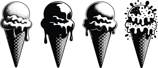 Fototapeta premium Four Black and White Illustrations of Ice Cream Cones with Dripping Toppings frozen dessert sweet