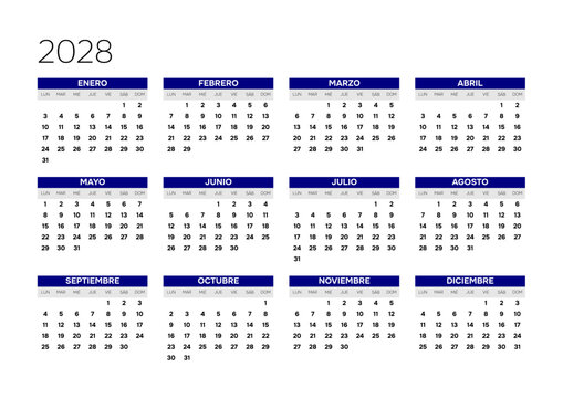 Spanish 2028 Horizontal 4x3 Grid Yearly Calendar Template Minimalist Corporate Annual Wall Planner (Compatible with 2056).
