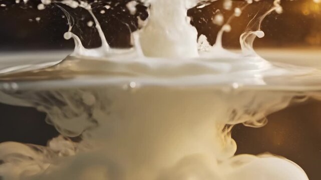 Liquid cream drops into water, creating ripples and swirling patterns, capturing the dynamic interaction between the two substances in a clear container