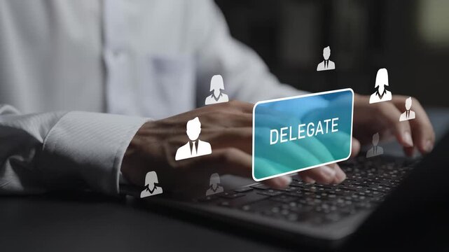 Delegate task management concept. Person using laptop with teamwork and task assignment icons, workflow coordination, responsibility sharing and business productivity.