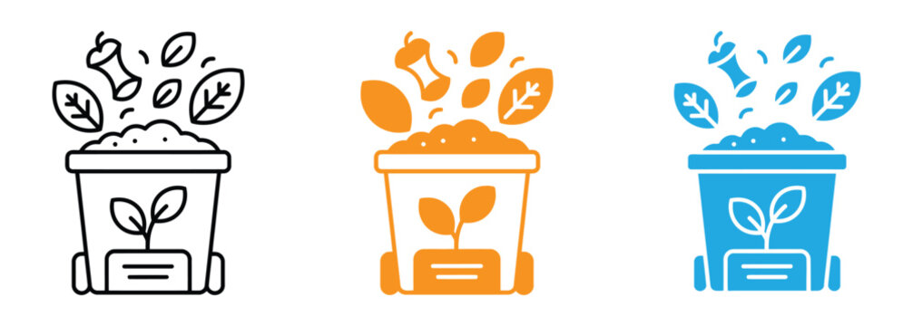 Eco-Friendly Organic Waste Management and Sustainable Composting Icon Set for Green Living. Colorful icons of potted plants with growing leaves and soil vector illustration.