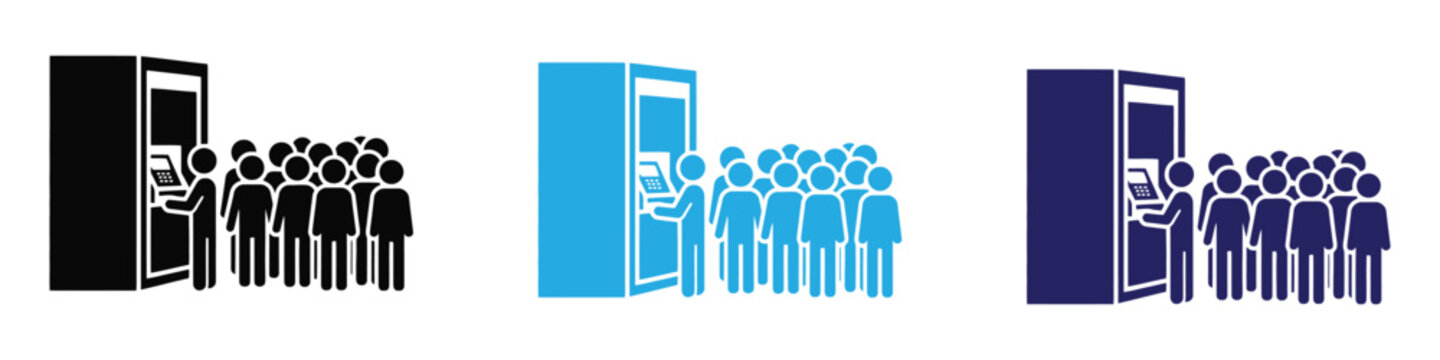 Man using an atm machine. ATM, bank machine, cash withdrawal, man using, financial transaction. ATM machine with people waiting in line icon set vector illustration.