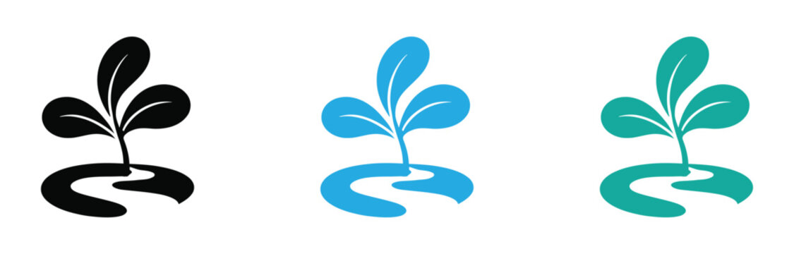A set of three plant icons in black, blue, and green, symbolizing growth and nature, ideal for business and environmental themes.