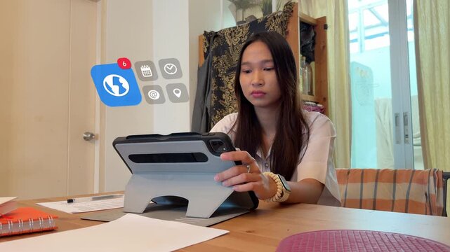A Southeast Asian student manages her international agenda on a tablet device, displaying a 3D tracked globe icon integrated with digital calendar calendars, clock time zones, address tags, and map pi