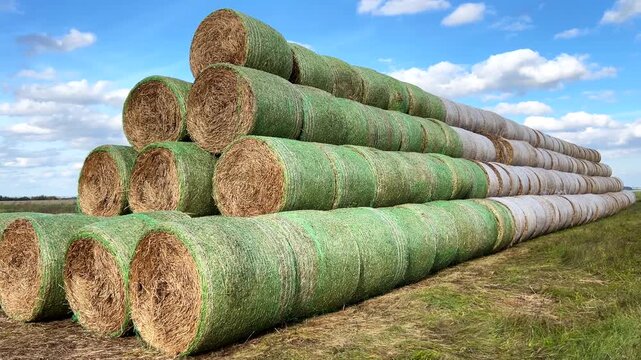 Hay bales stacked in rural field representing agriculture and livestock feed storage