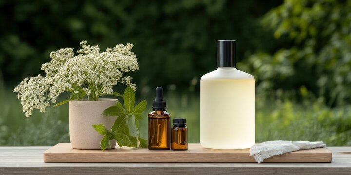 Natural Aromatherapy Setup with Essential Oils, Herbal Elements, and Calm Outdoor Background