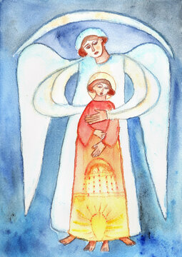Protective Angel with Child in Orange Yellow Robe and Crescent Halo Arch, hand-painted watercolor