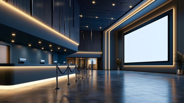Empty modern cinema lobby featuring a ticket counter with velvet ropes, several computer monitors, and a large blank screen on the wall, preparing for a movie screening
