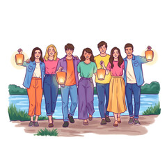 Obraz premium Young friends walking with glowing lanterns by the river at night