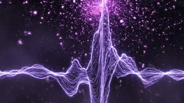 Visual representation of sound waves transitioning from a steady pulse to an explosive burst of energy, showcasing dynamic movement and vibrant colors in a dark background