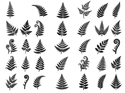 Black fern leaf silhouettes set, botanical foliage vector icons, 30 tropical fern frond shapes, organic floral design elements for branding