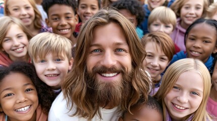Fototapeta premium Jesus christ joyfully smiling and looking at camera, surrounded by a diverse group of happy children, symbolizing faith, peace, and spiritual guidance for youth