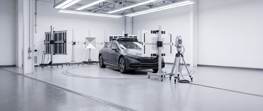 Autonomous electric SUV undergoing sensor calibration and testing, surrounded by lidar, cameras, calibration boards and lighting equipment for mapping and ADAS development.