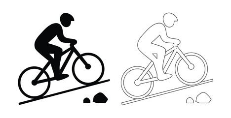 Obraz premium Black Silhouette of mountain biker riding uphill on rugged terrain graphic for adventure and sports activity